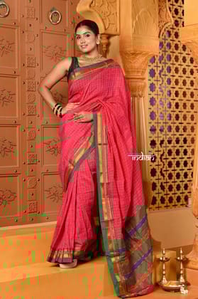 Shubh ~ Pure Cotton Saree in Regal Sapphire Pink with Exclusive Zari Green Border & Pallu Shubh ~ Pure Cotton Saree in Regal Sapphire Pink with Exclusive Zari Green Border & Pallu