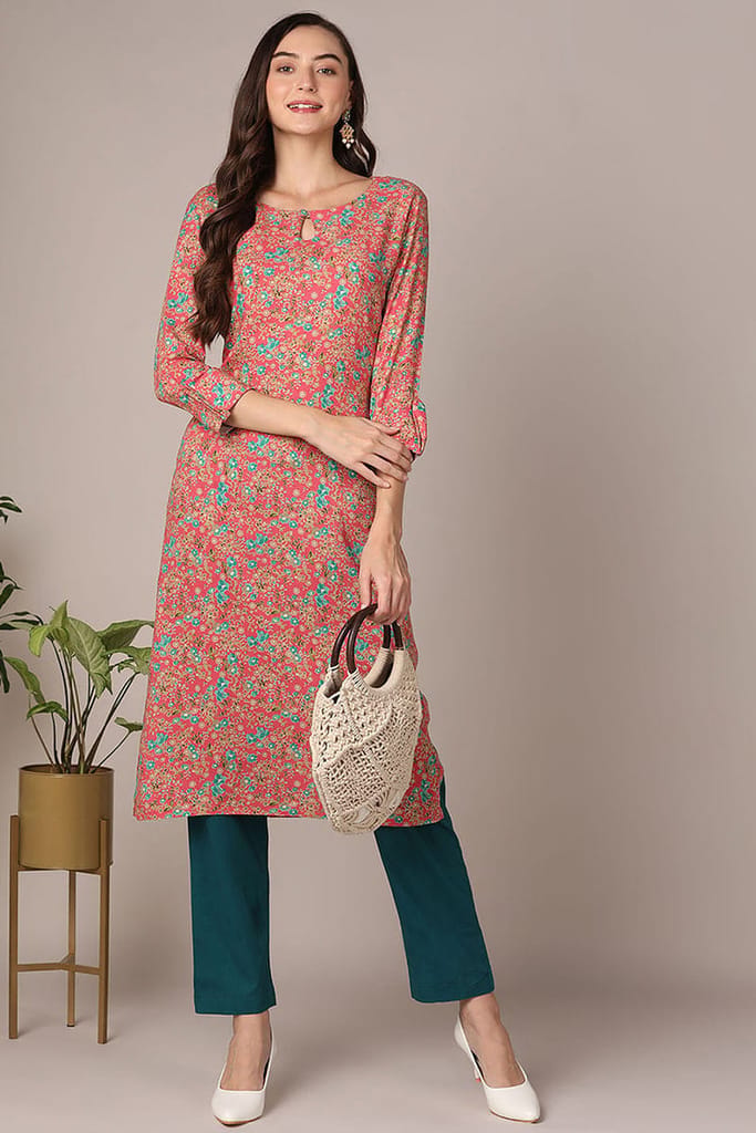 Plus Size Pink Viscose Rayon Floral Printed Straight Kurta VCK9599 - Kurtas & Kurta Sets | Buy online on ZillyBuy