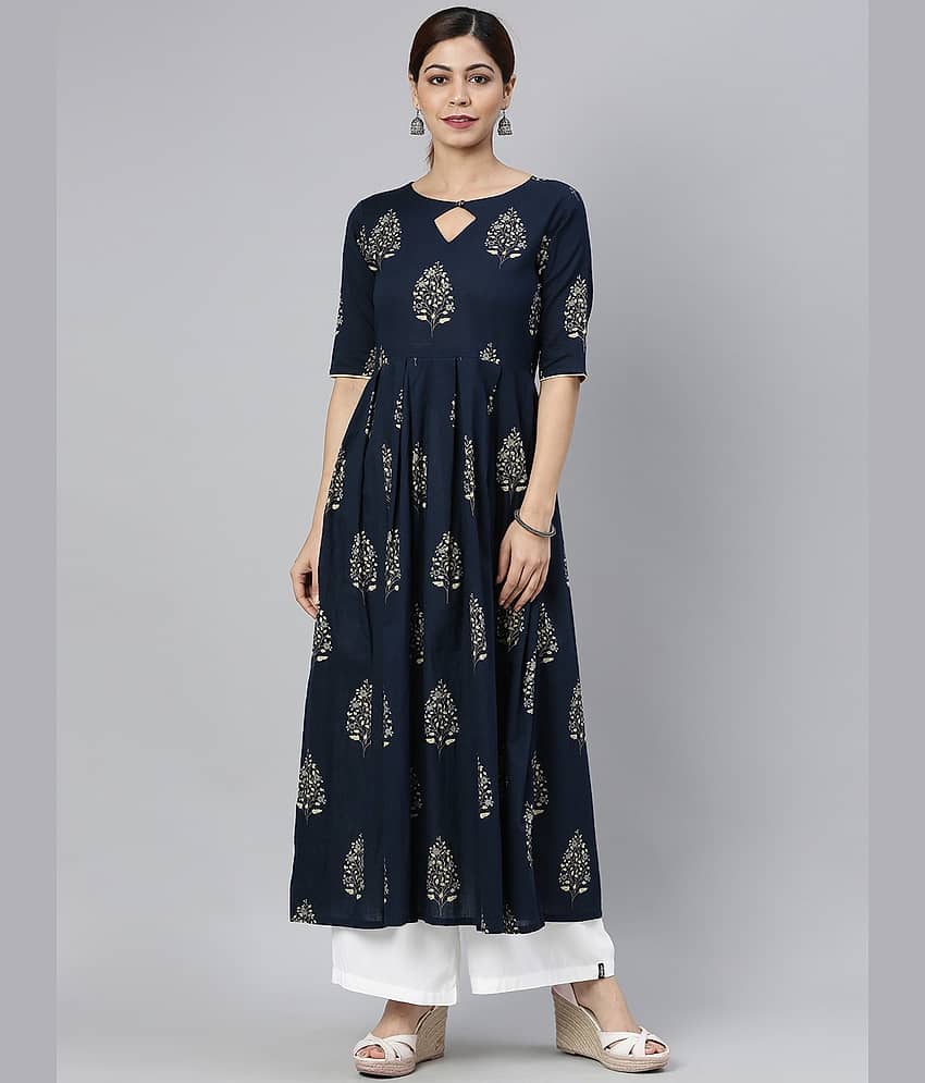 Vaamsi Cotton Printed A-line Women's Kurti - Navy Blue ( Pack of 1 )