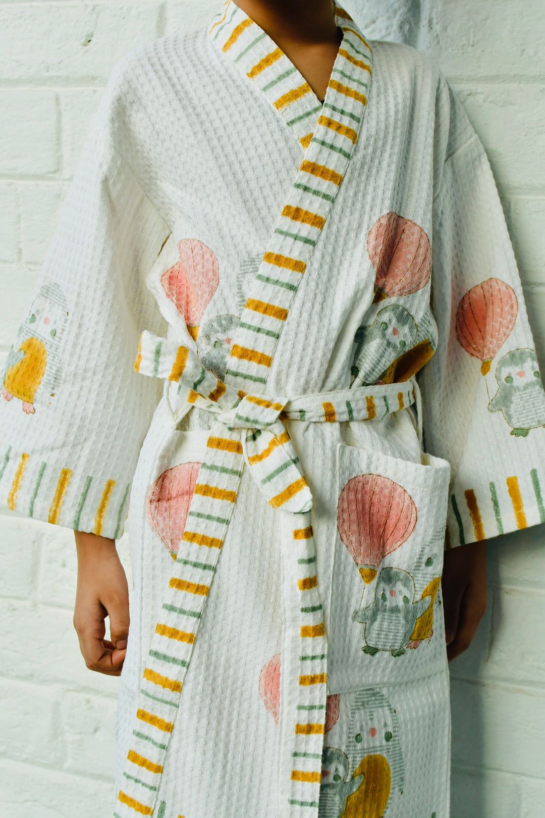 Kids HandBlock Premium Waffle Cotton Bathrobe Balloon Pattern - Small (2-4 years)