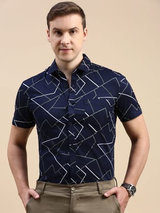CP BRO Men's Polo Neck Cotton Navy Blue Slim Fit Printed Shirt | SBP1-25B-HS-PRT-BSL
