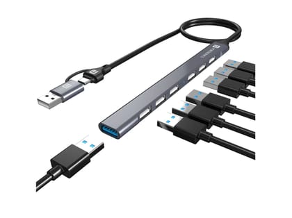 Portronics Mport 7 USB Hub Dock(7-in-1), Multiport Adapter with Dual Convertible USB & Type C Heads, Upto 5 Gbps Data Transfer Speed, 1 x USB 3.0 & 6 x USB 2.0 Ports for Laptop, MacBook, PC - Grey