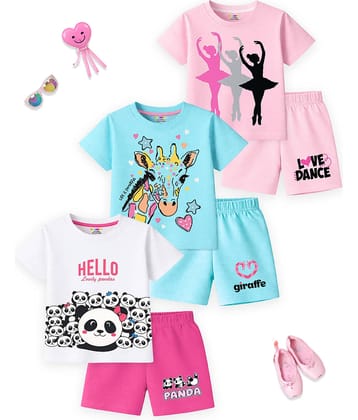 Kuchipoo Girls Cotton Blend T-shirt & Shorts Set ( Multicolor 1 , Pack of 3 )