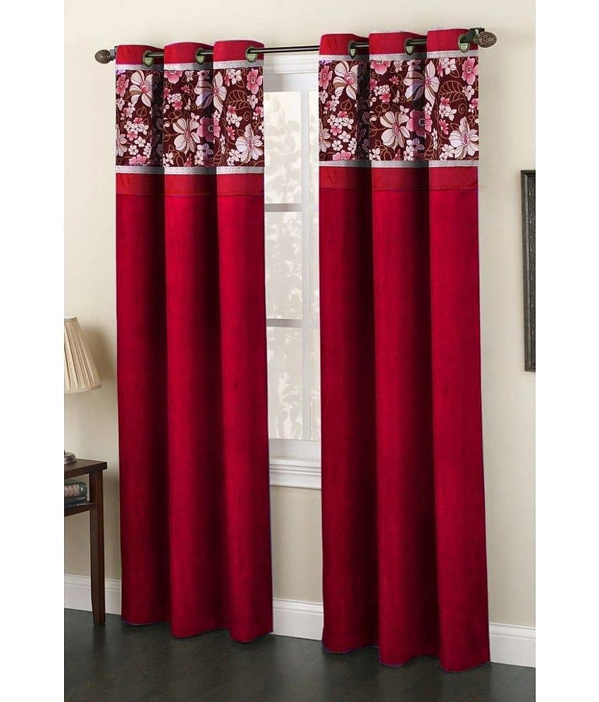 Homefab India Plain Semi-Transparent Eyelet Door Curtain 7ft (Pack of 2) - Red