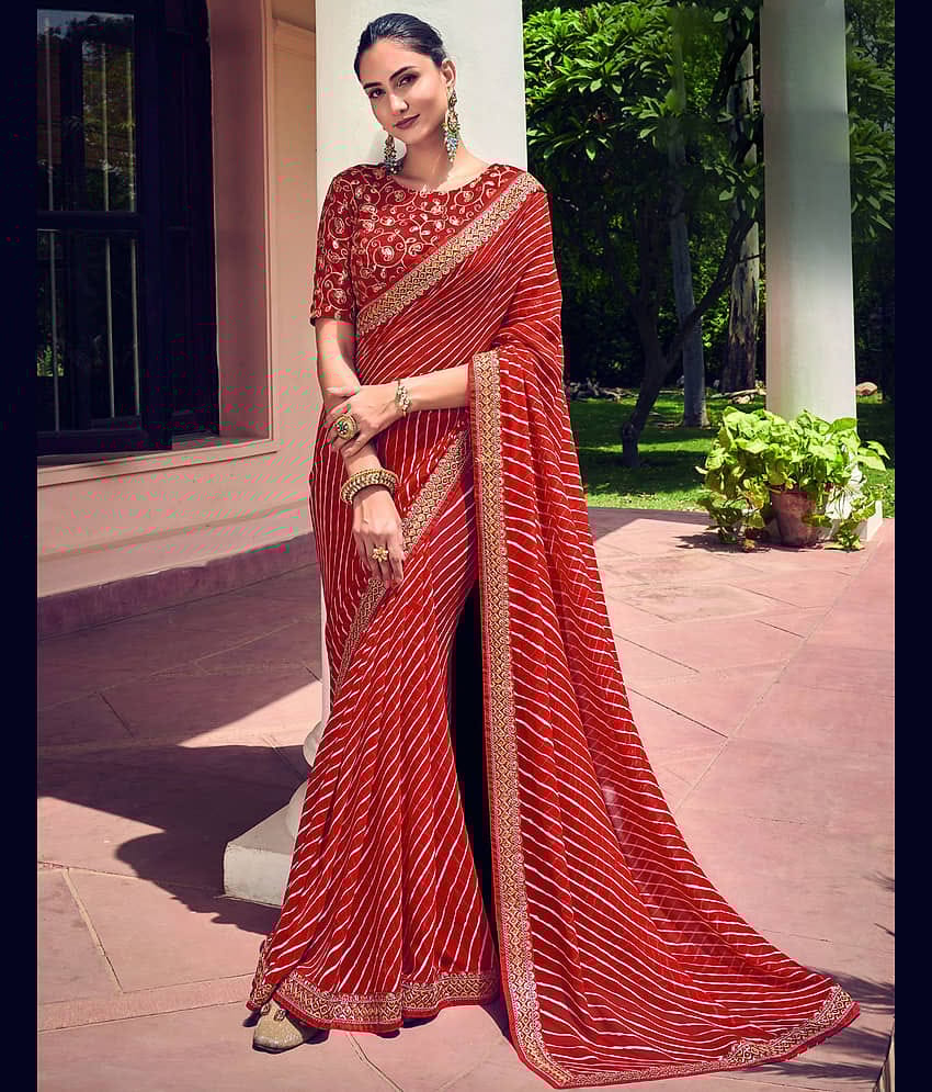 Samah Georgette Printed Saree With Unstitched Blouse Piece ( Red )