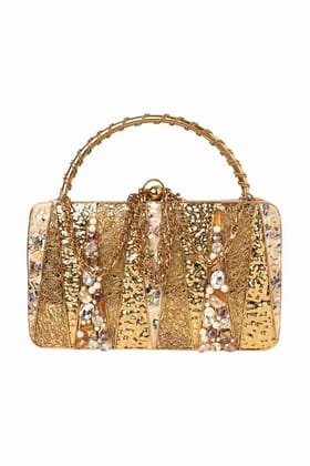 Golden Brass Metal Stone & Shell Embellished Clutch