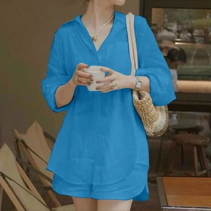 WOMEN'S COTTON LINEN CO-ORDS SETS WITH SHIRTS & SHORTS-XS