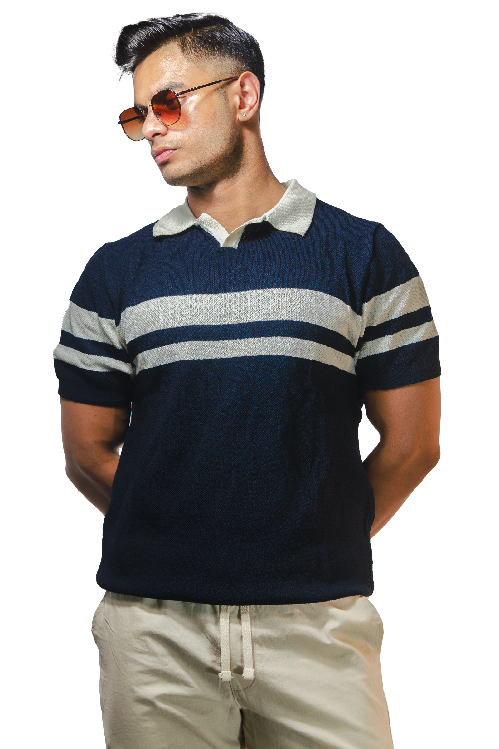 Striped Navy Polo T-Shirt-L