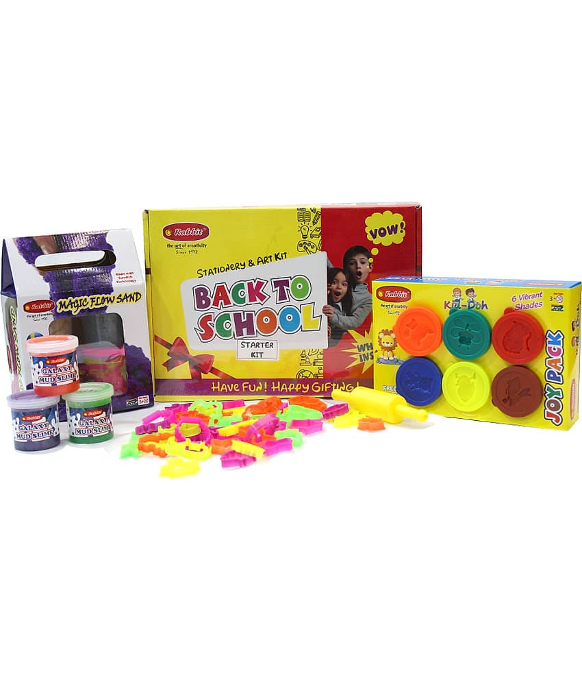 Rabbit Back To School Starter Kit + Kid Doh Joy Pack+ 24 Molding Toy Set & belan+ 3 Galaxy Mud Slime+ Magic FLow Sand Gift Pack|Kids Playing Sand| Kinetic Sand for kids with Shapes| Play Doh| Modelling dough for Kids|Stationery and Art Kit|Age 4+