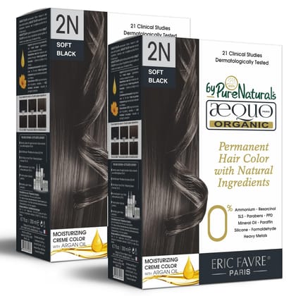 Aequo Organic Cream Hair Colour Salon Pack With QH+ Water | Natural, 100% Grey Coverage, PPD & Ammonia Free Permanent Hair, Beard Color For Men & Women | 2N Soft Black 200ml, Pack Of 1 Aequo Organic Cream Hair Colour Salon Pack With QH+ Water | Natural, 