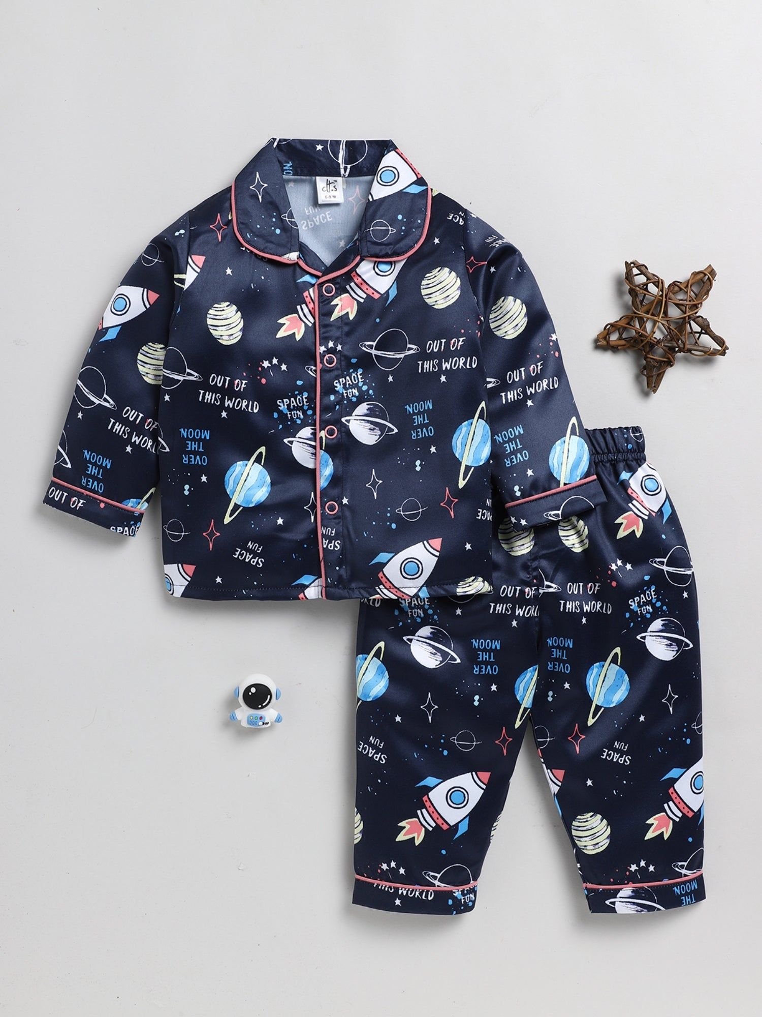 Playful Planet Print Full Sleeve Satin Night Suit-18-24 m