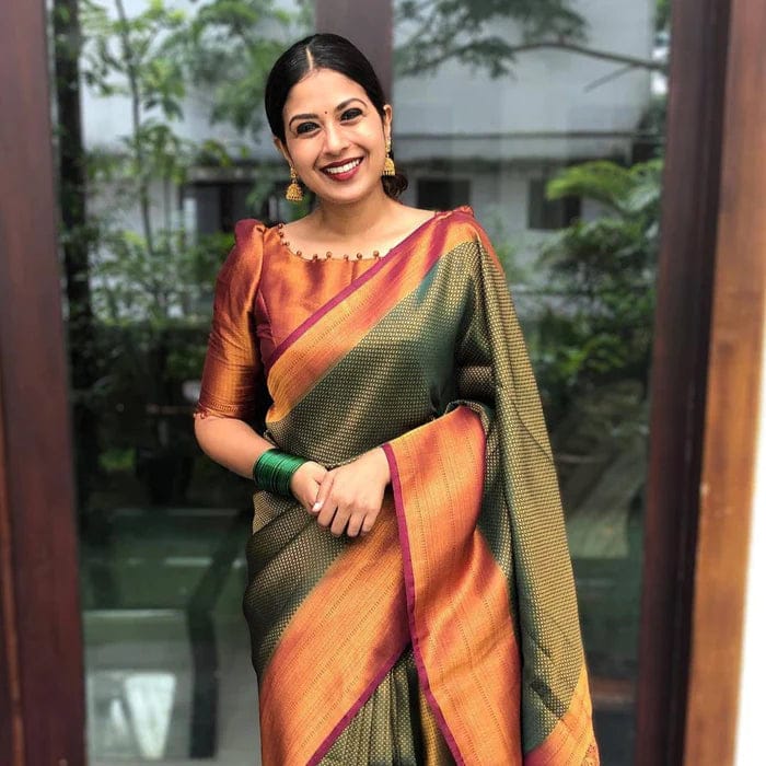 SUPREME SOFT SILK SAREE IN SHINE GREEN COLOR WITH RICH GOLDEN ZARI WEAVING
