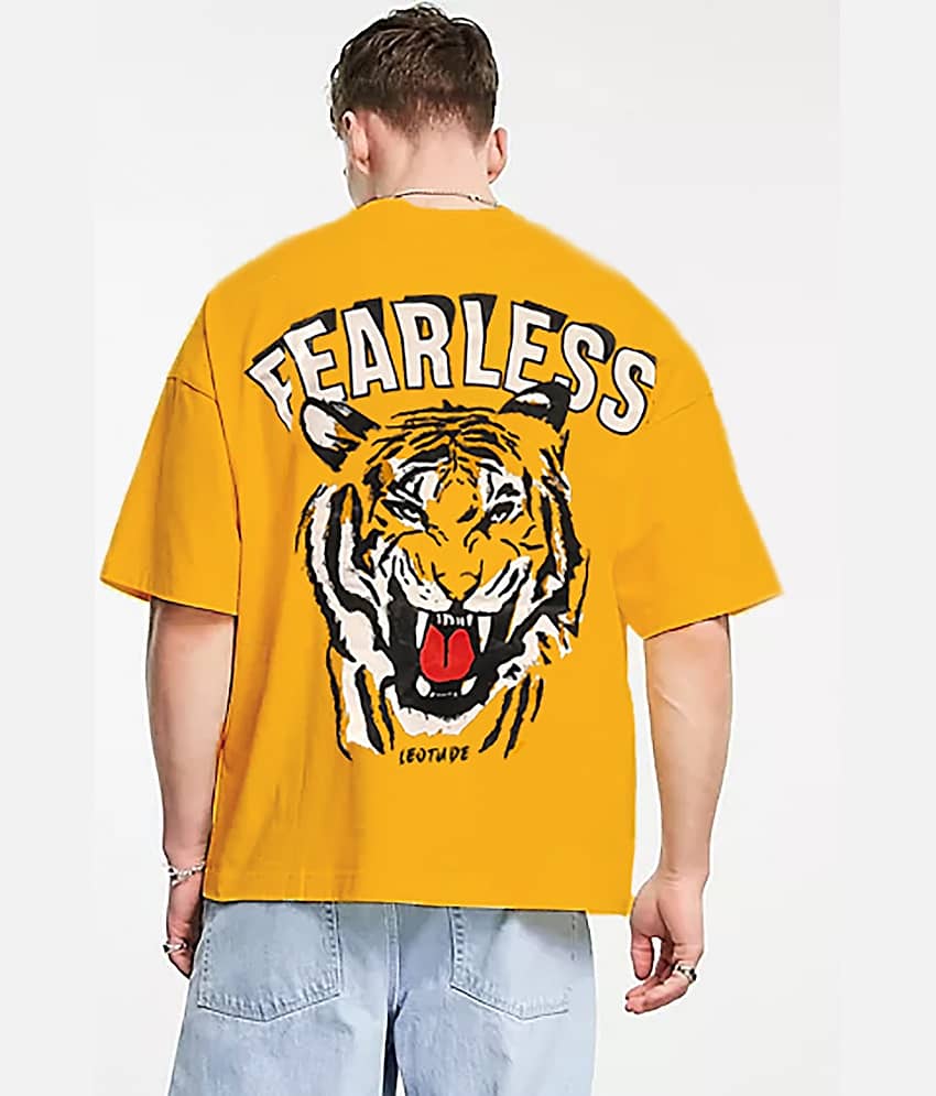 Leotude Men Cotton Blend Oversized Fit Printed T-Shirt ( Yellow )
