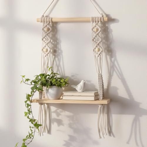 Wall Hanging Shelf Wood Floating Shelves with Wooden Dowel Modern Chic Woven Decor for Dorm Living Room Nursery