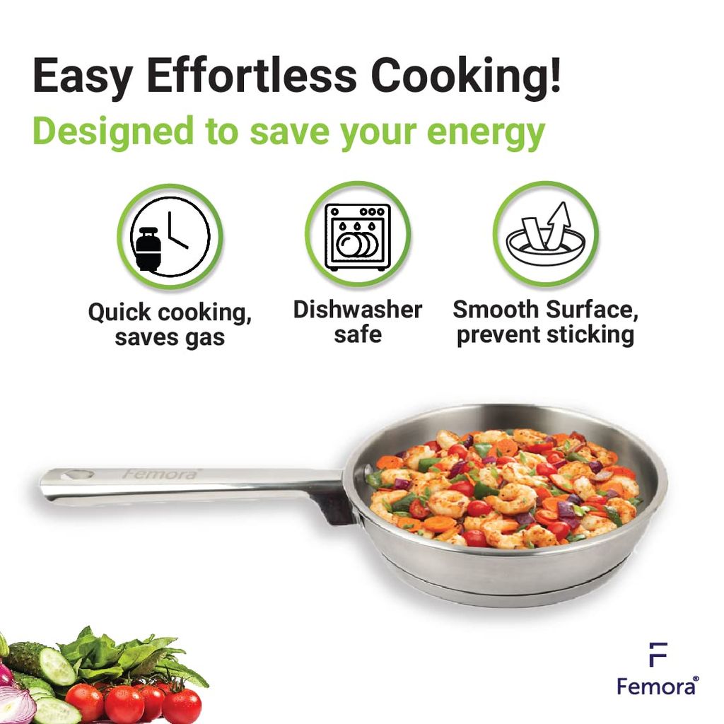 Femora Stainless Steel Flat Fry Pan, Bonded Tri-Ply Bottom, 23 cm,Silver, Zero Coating, Health Safe