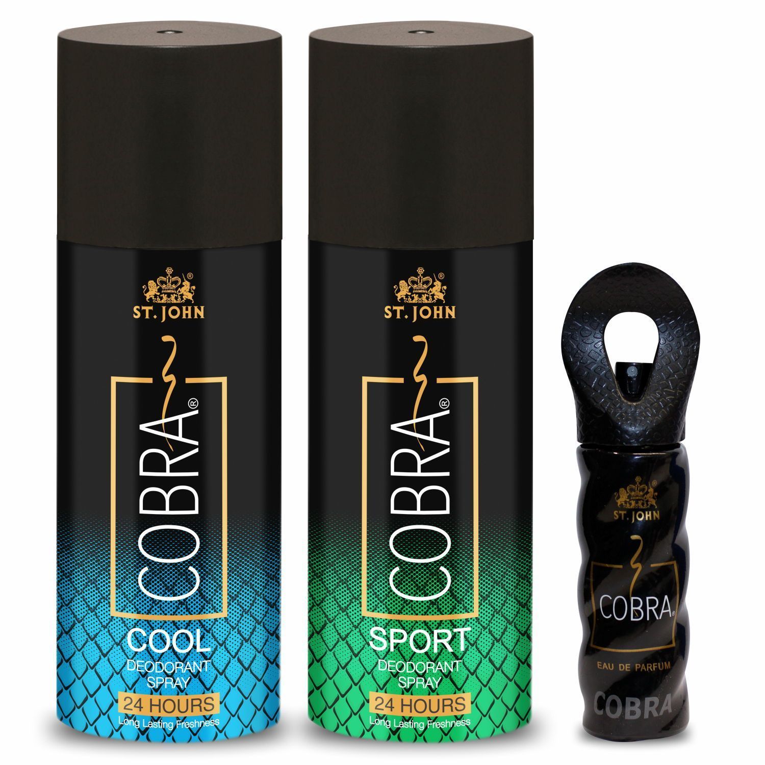 ST-JOHN Cobra Deo Cool and Sport (150Ml each) Deodorant Body Spray and Cobra Perfume (15ml) (3 Items in the set)