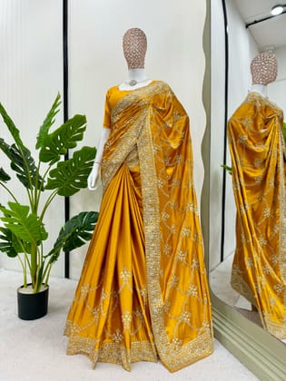 Beautiful Satin Silk Yellow Color Saree