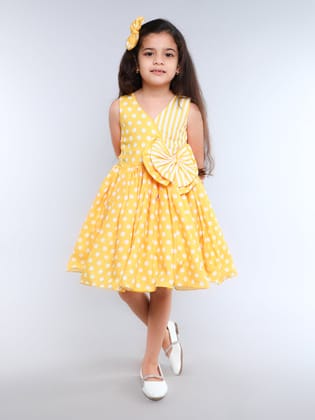 Polkadot & Stripes Cotton Dress with Matching Clip  -Yellow-1-2Y / Black