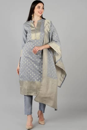 Grey Poly Chanderi Straight Kurta Pant With Dupatta PKSKD1128