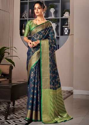 Navy Blue And Green Woven Patola Soft Silk Saree With Brocade Blouse
