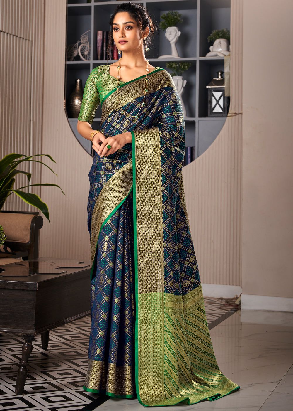 Navy Blue And Green Woven Patola Soft Silk Saree With Brocade Blouse