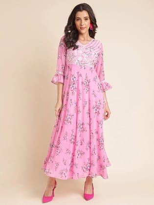 Baby Pink Printed & Embroidered Flared Georgette Gown-S