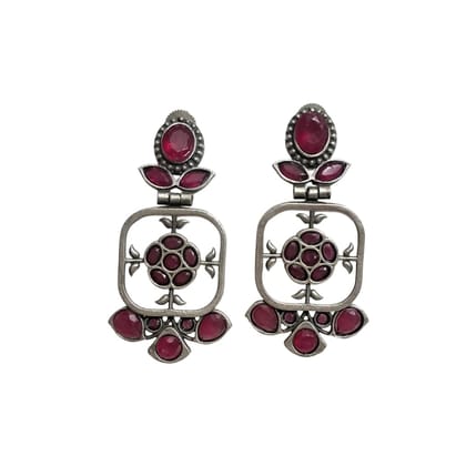 Anvaya Collections Vintage Style Ruby Red Crystal Drop Earrings, Antique Silver Tone, Floral Design