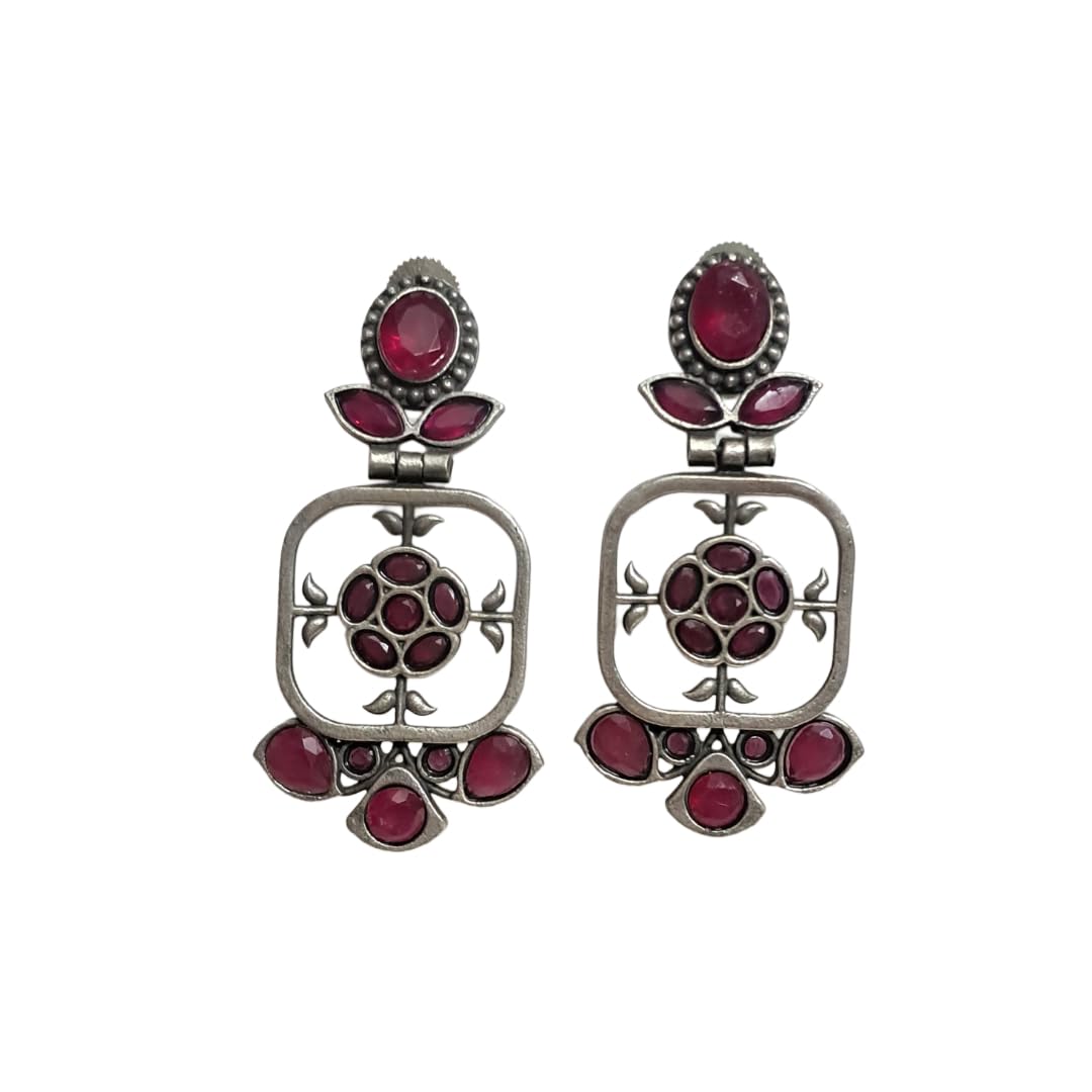 Anvaya Collections Vintage Style Ruby Red Crystal Drop Earrings, Antique Silver Tone, Floral Design
