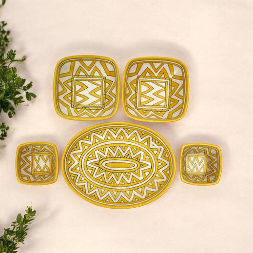 Geometric Yellow Oval Platter & Bowl Set  Handcrafted Jaipur Blue Pottery for Contemporary Dining