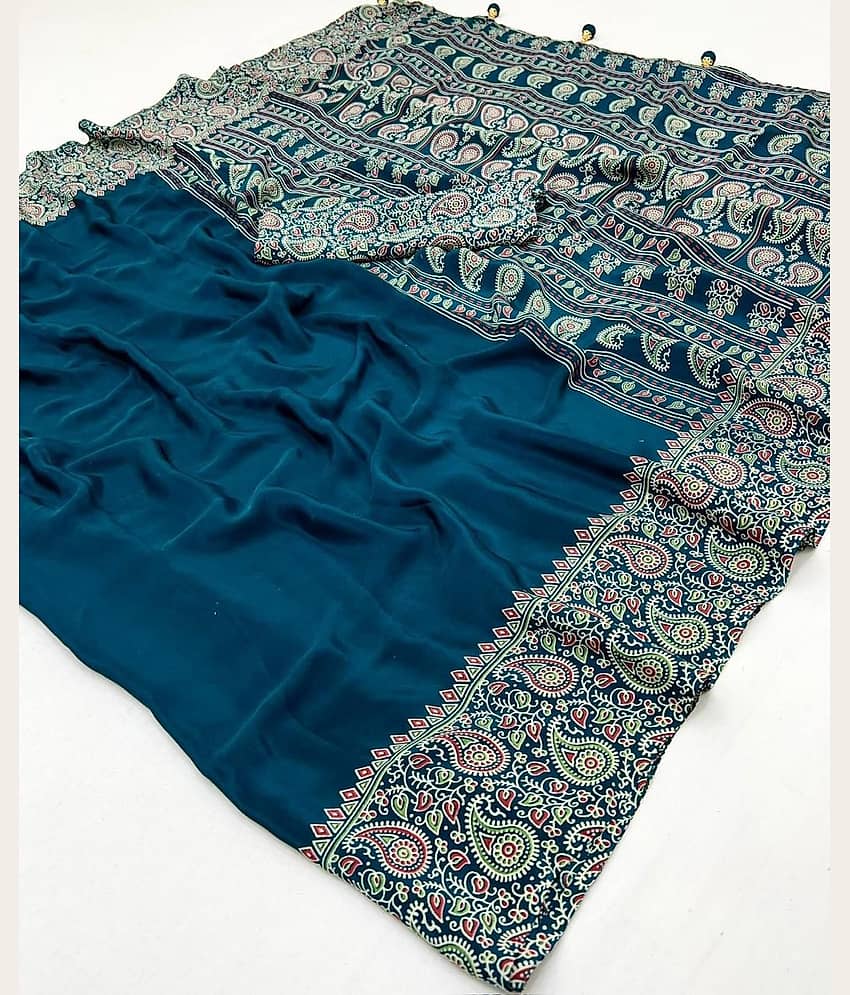 Rangtulika Ethnics Cotton Printed Banarasi saree With Unstitched Blouse Piece ( Blue )