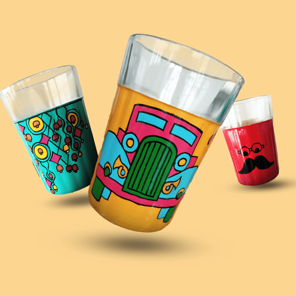 Cutting Chai Painted Glasses With Cup Holder  - 6PC - Party and Festive Needs | Buy online on ZillyBuy