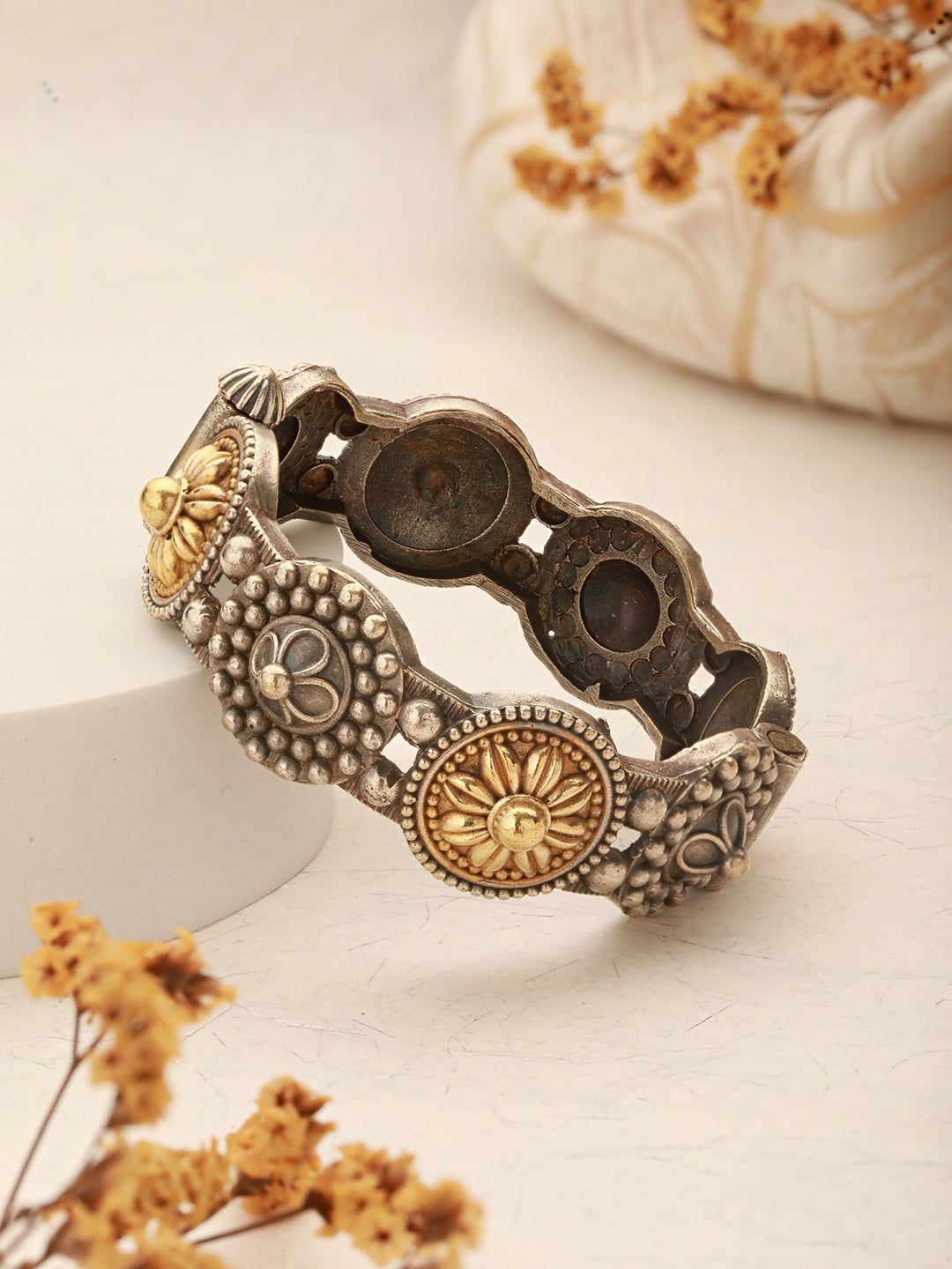 Silver Oxidised Dual Toned Boho Style Adjustable Kada Bangle Bracelet