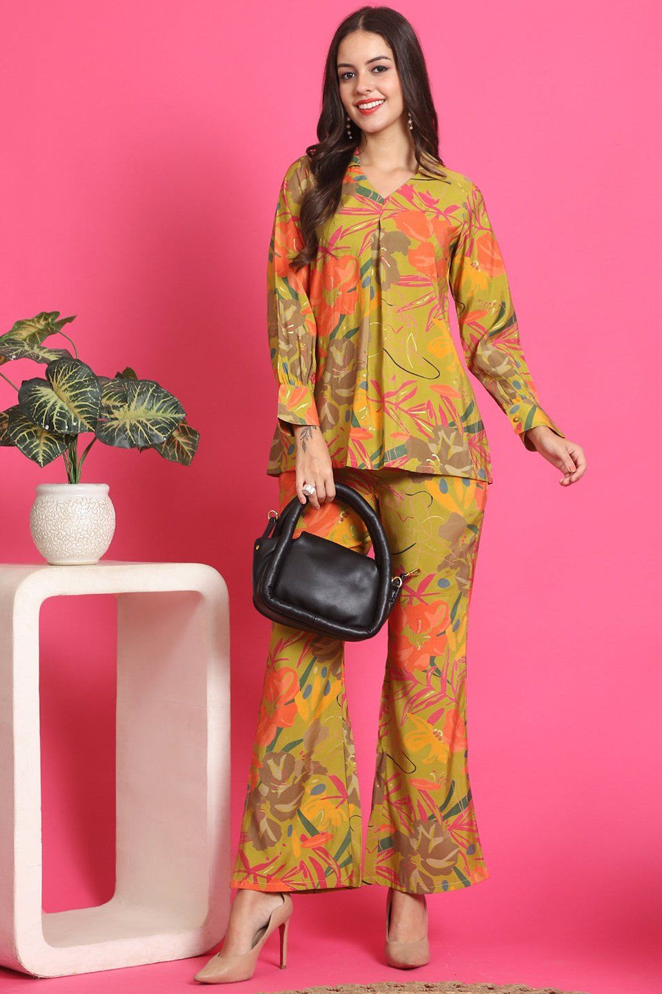 Mustard Color Abstract Printed Chanderi Silk Co-ord Set-S