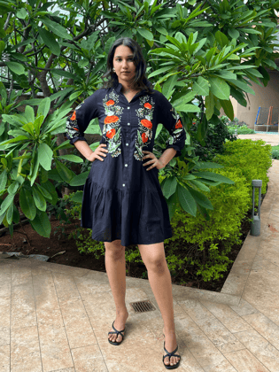 Midnight Blossom Black Cotton Dress-S