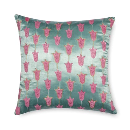 Hand Printed & Embroidered Mashru Cushion Cover - 16x16-16Inches x 16Inches / 40cms x 40cms / Blue / Mashru