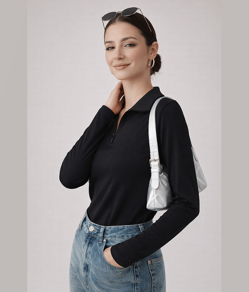 The Dry State Women Polyester Regular Fit Polo Collar T-Shirt ( Black )