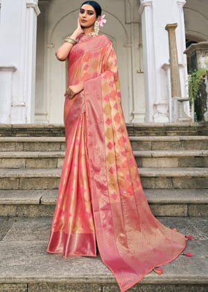 Beautiful Peach Woven Banarasi Organza Silk Saree