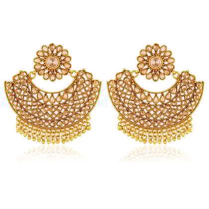 Gold-Plated Kundan Chandbali Earrings with Pearl Accents