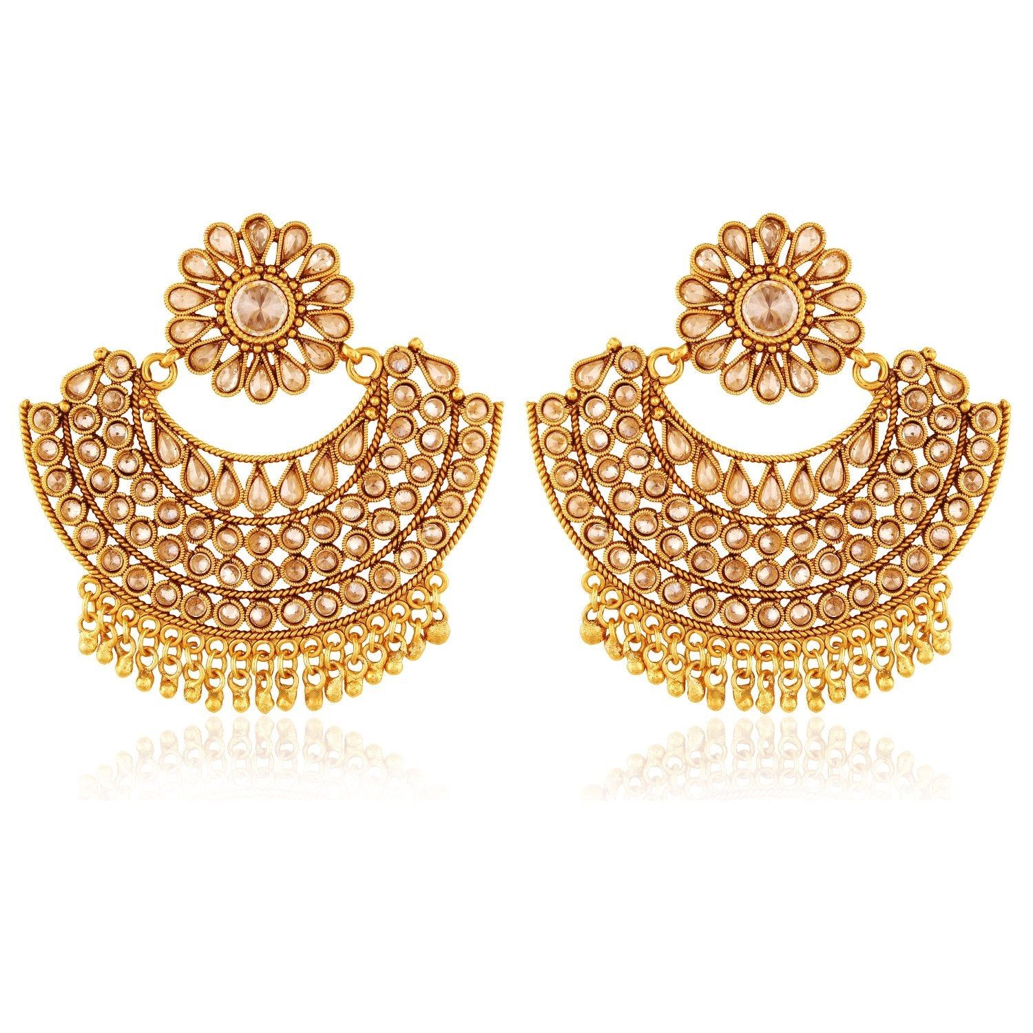 Gold-Plated Kundan Chandbali Earrings with Pearl Accents