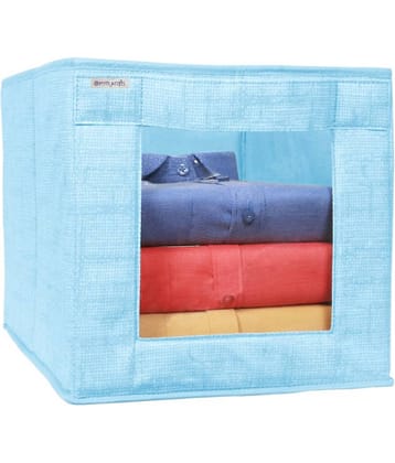 PrettyKrafts Toys Organizer,Shirt Stacker Closet, Fabric Storage Boxes for Shelf, Stackable Closet Bins for Toys & Kids Books with Transparent Window (Pack of 1) Jute Blue