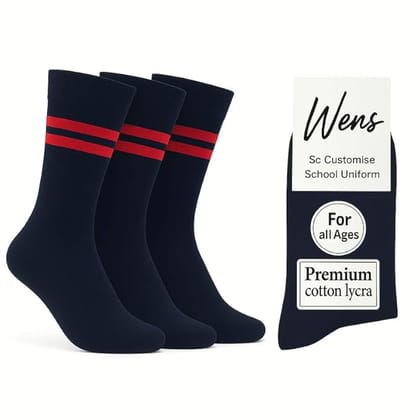 Wens Strips School Socks for Girls, Boys, Kids & Men of All Ages (Pack of 3) | Heavy Elastic, Streachable & Comfortable Fit | Calf Length Uniform Socks | Anti Odour | Unisex  Navy Blue with RED Stripes