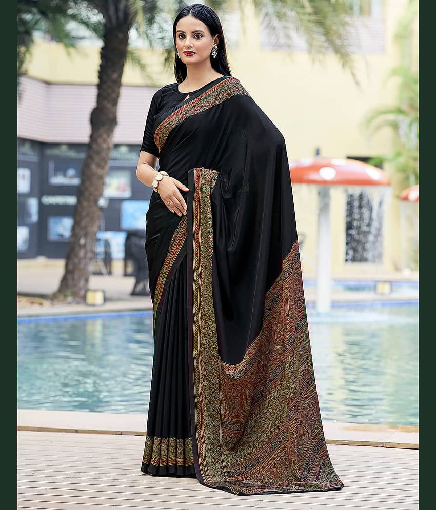 Satrani Silk Printed Saree With Unstitched Blouse Piece ( Teal )