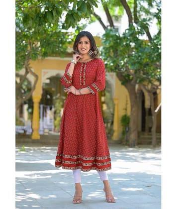 Yash Gallery Pack of 1 Cotton Printed Flared Women's Kurti - ( Maroon )