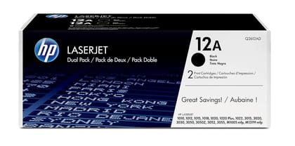 HP 12A 2-pack Black Original LaserJet Toner Cartridges, Black, Average cartridge yields 2000 standard pages- Q2612AF
