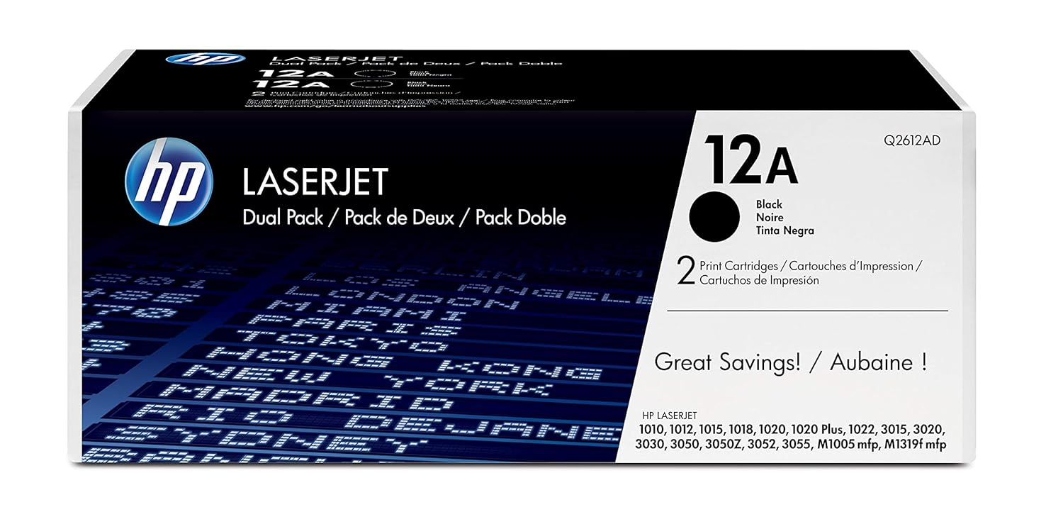 HP 12A 2-pack Black Original LaserJet Toner Cartridges, Black, Average cartridge yields 2000 standard pages- Q2612AF