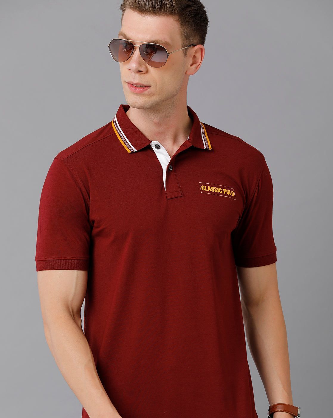 Classic Polo Men's Cotton Solid Half Sleeve Slim Fit Polo Neck Maroon Color T-Shirt | HS-PRM - 02 B