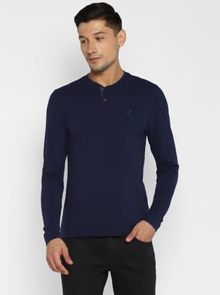 Men's Henley Full Sleeves T-Shirt - Navy Blue-Large / Navy Blue