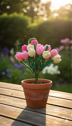 Sakha Crochet Tulip Flower Pot Pink Cream Green Sakha Crochet Tulip Flower Pot Pink Cream Green