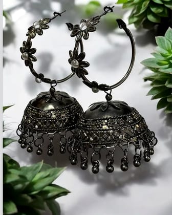 Stylish Black Oxidised Big Jhumka Earrings for Women - Floral Ethnic Jewelry  by Print Magical Gifts