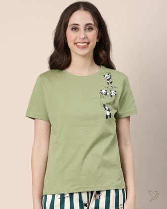 Panda Printed Relaxed Fit Tee - Sage-XS / Sage